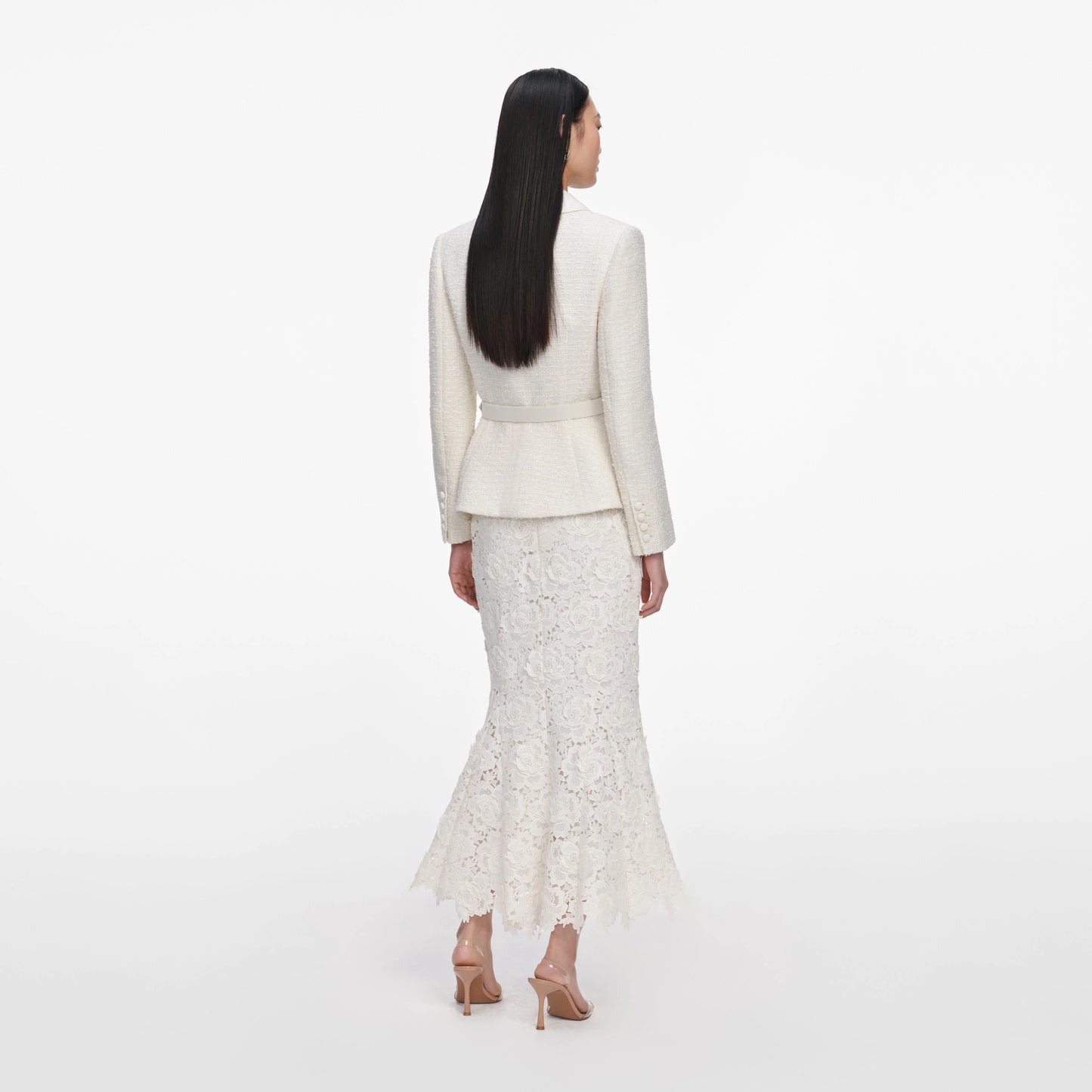 Cream Boucle Flower Lace Midi Dress