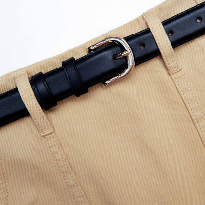 Beige Denim Belted Mini Skirt