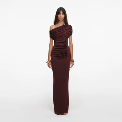 Brown Draped Knit Midi Dress