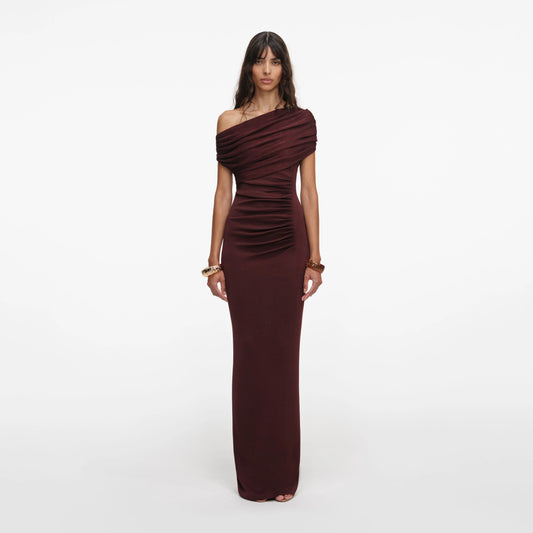 Brown Draped Knit Midi Dress