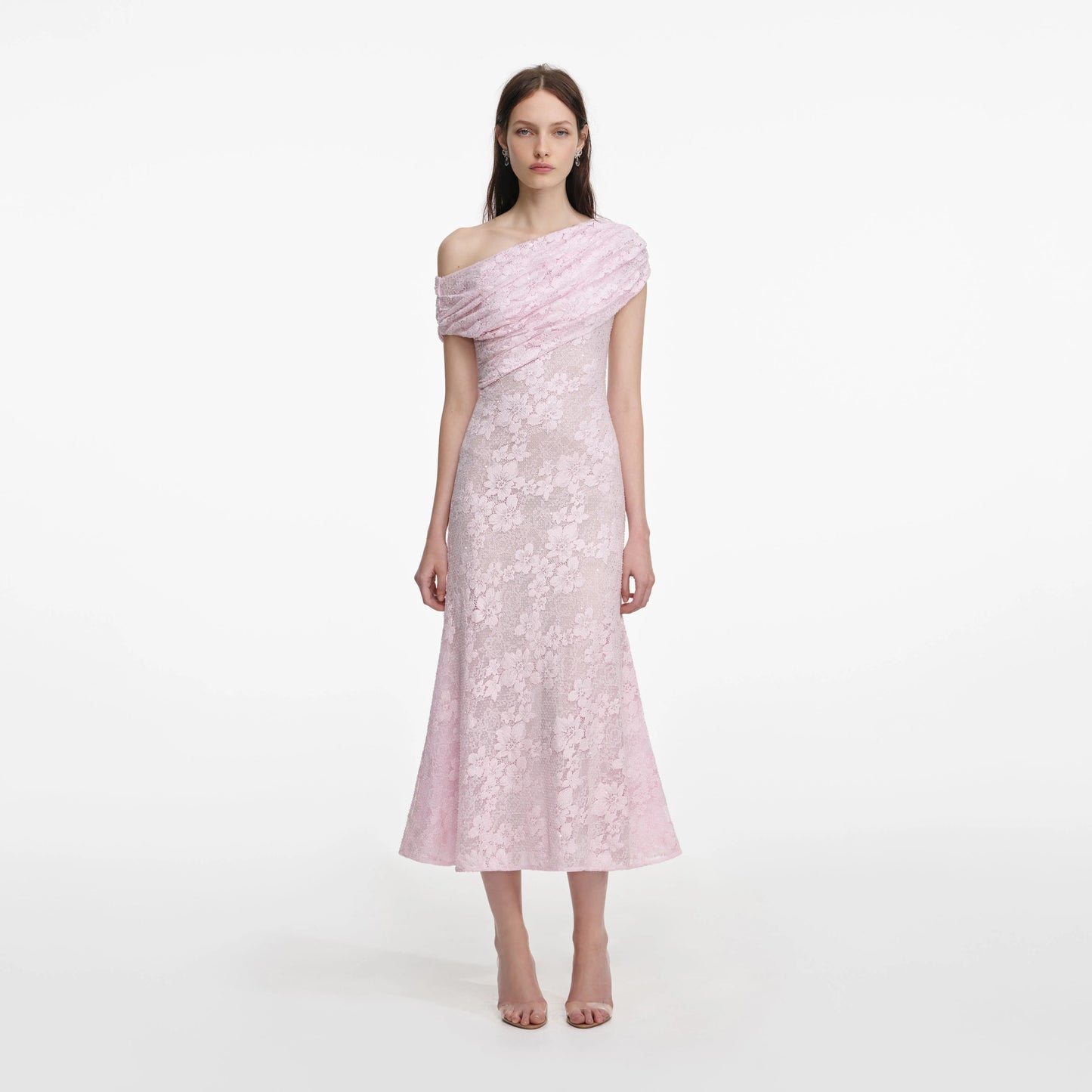 Pink Rhinestone Lace Asymmetric Midi Dress
