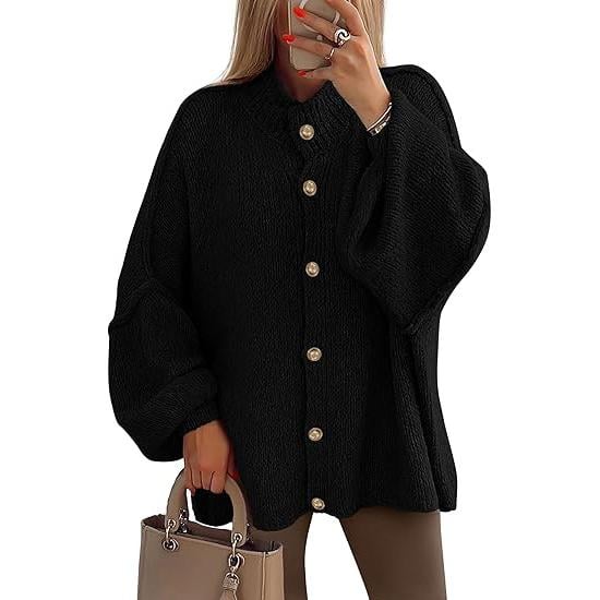 Women's Winter Button Down Cardigan Sweaters Mock Neck Lantern Long Sleeve Chunky Knit Jacket Trendy Outerwear