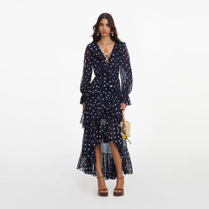 Polka Dot Georgette Ruffle Maxi Dress