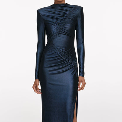 Navy Metallic Gathered Maxi Dress