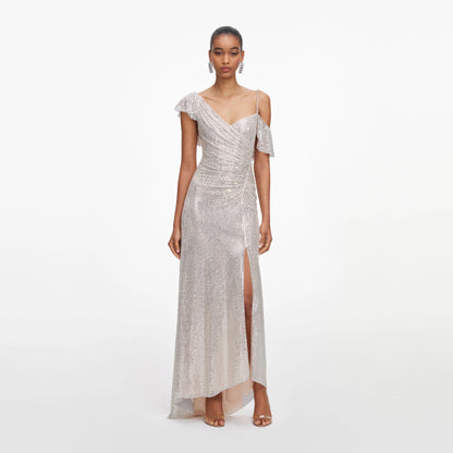 Champagne Rhinestone Ruffle Draped Maxi Dress