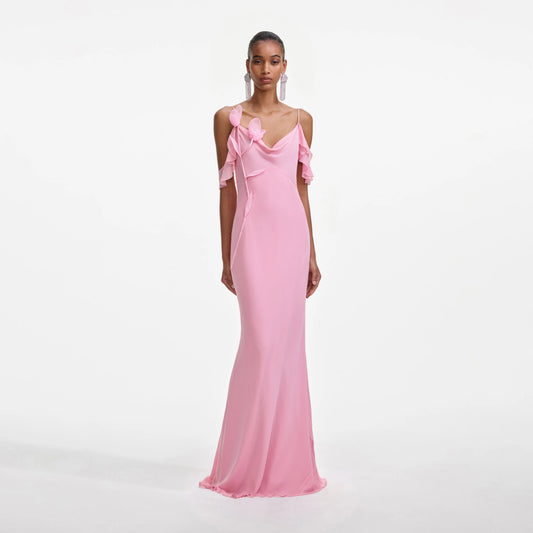 Pink Georgette Flower Maxi Dress