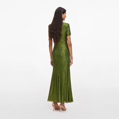 Olive Rhinestone Mesh Midi Dress