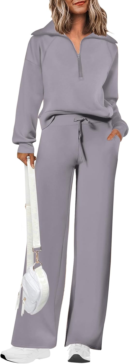Women's 2 Piece Outfits Casual Lapel Half Zip Sweatshirts and Wide Leg Pants Tracksuit Sets
