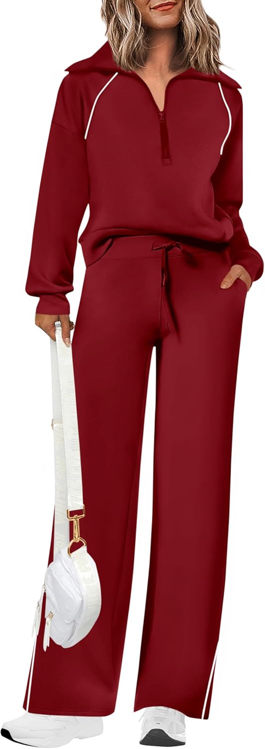Women's 2 Piece Outfits Casual Lapel Half Zip Sweatshirts and Wide Leg Pants Tracksuit Sets