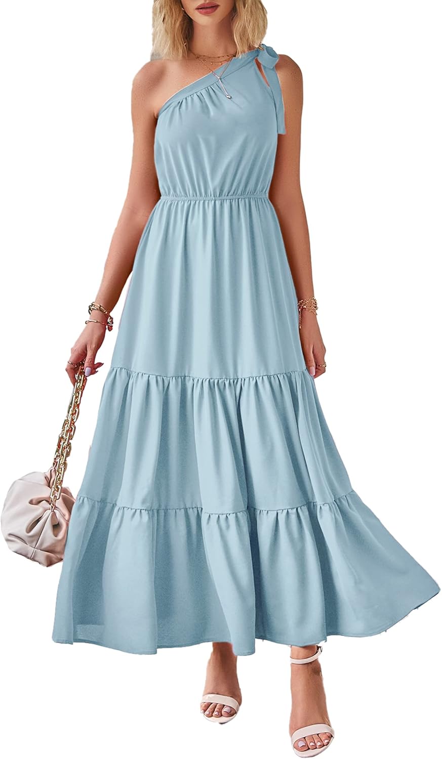 Women's Summer Floral One Shoulder Maxi Dress Knot Ruffle Boho Beach Vacation Wedding Guest Long Sun Dresses