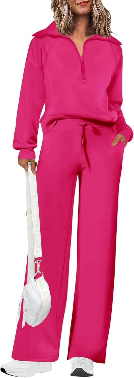 Women's 2 Piece Outfits Casual Lapel Half Zip Sweatshirts and Wide Leg Pants Tracksuit Sets