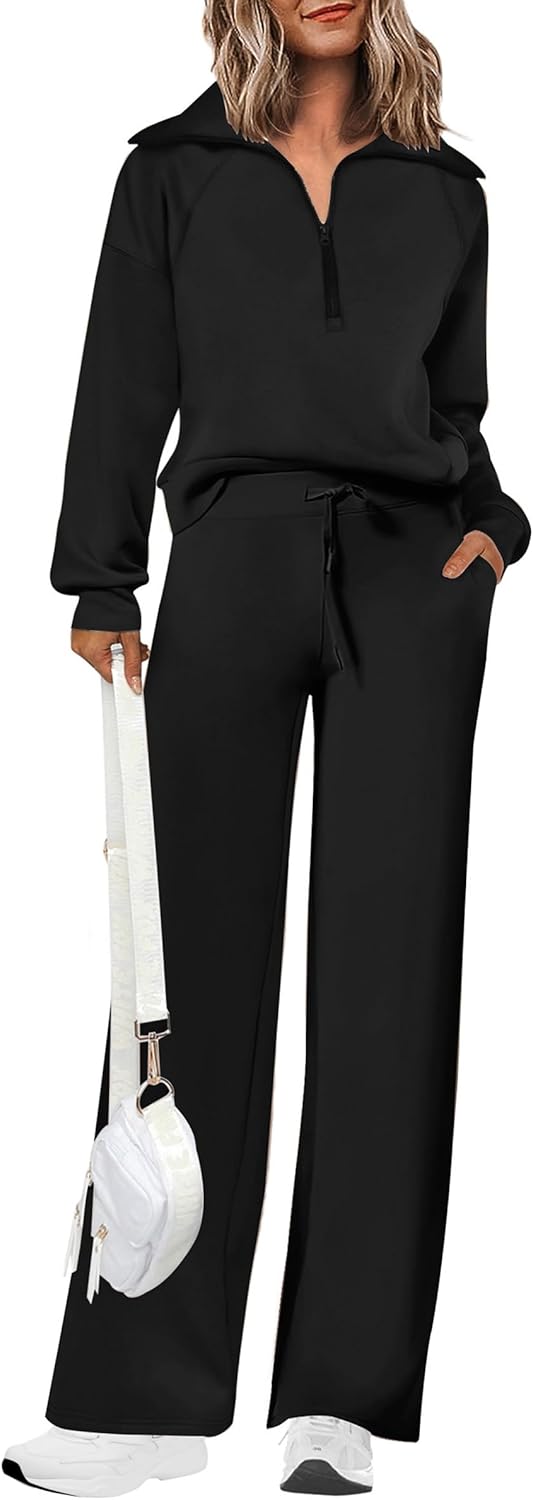 Women's 2 Piece Outfits Casual Lapel Half Zip Sweatshirts and Wide Leg Pants Tracksuit Sets