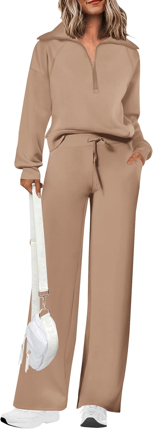 Women's 2 Piece Outfits Casual Lapel Half Zip Sweatshirts and Wide Leg Pants Tracksuit Sets