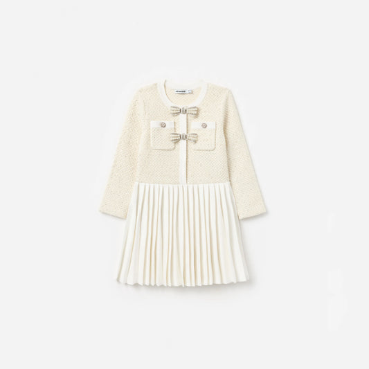 Cream Sequin Knit Bow Trim Dress