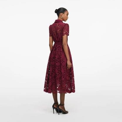 Burgundy Lace Collared Midi Dress