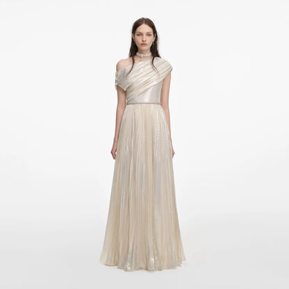 Champagne Metallic Chiffon Maxi Dress