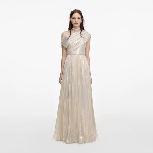 Champagne Metallic Chiffon Maxi Dress