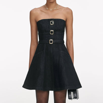 Black Denim Bandeau Mini Dress