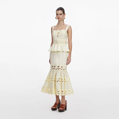 Yellow Linen Peplum Midi Dress