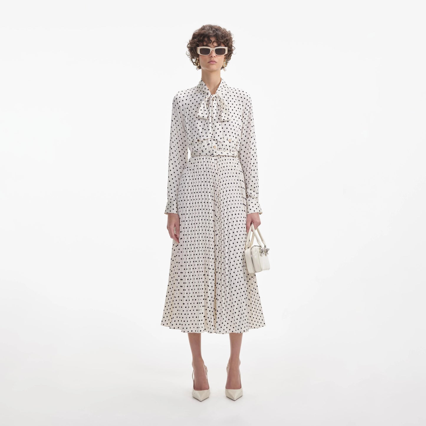 Cream Polka Dot Satin Midi Dress