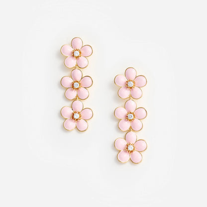 Pink Enamel Flower Tiered Earrings