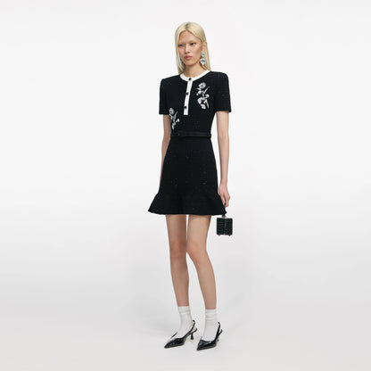 Black Floral Textured Knit Mini Dress