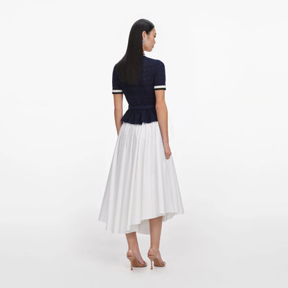Navy Peplum Pointelle Knit Top