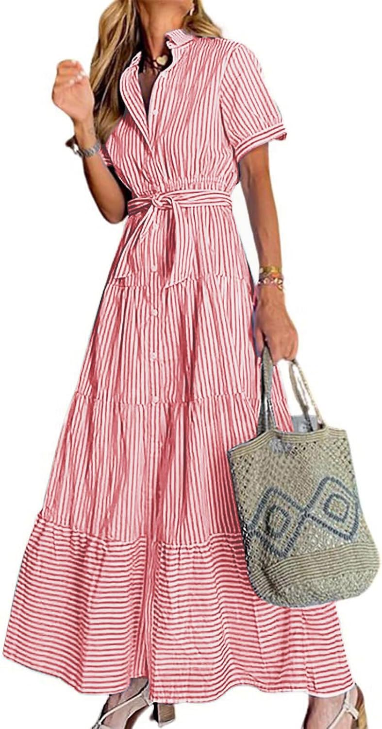 Womens Casual Short Sleeve Button Down Tie Waist Ruffled Striped Maxi Shirt Dress