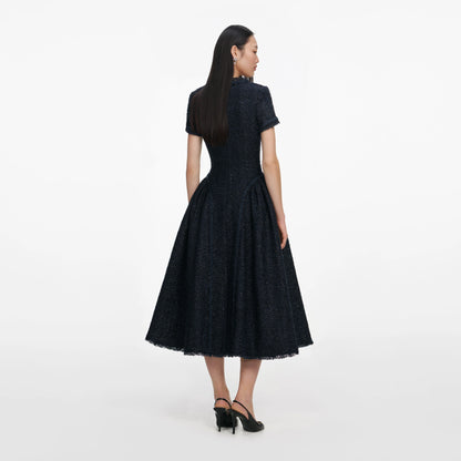 Navy Metallic Boucle Midi Dress