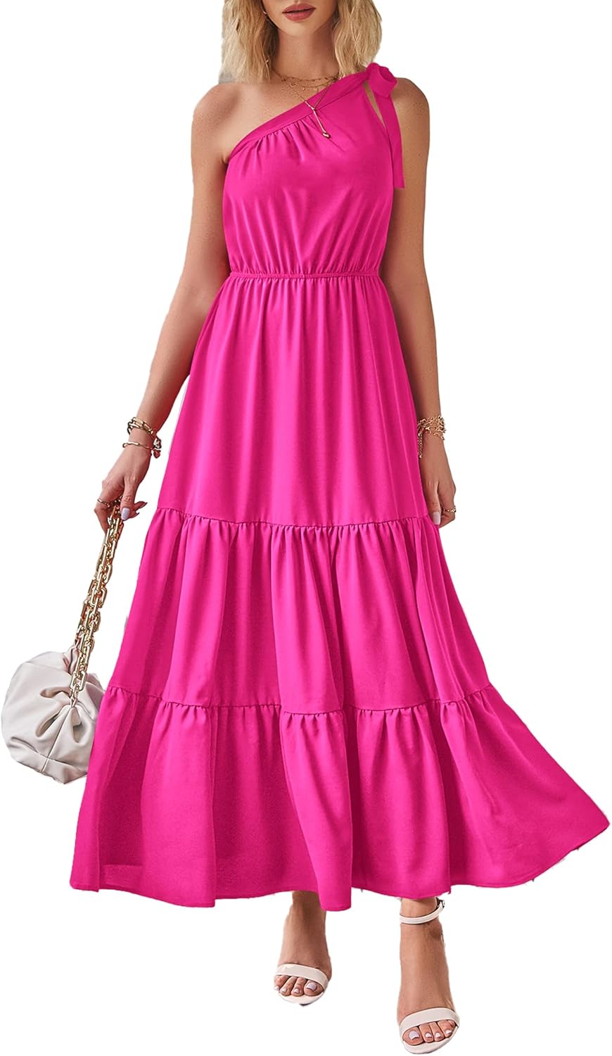 Women's Summer Floral One Shoulder Maxi Dress Knot Ruffle Boho Beach Vacation Wedding Guest Long Sun Dresses