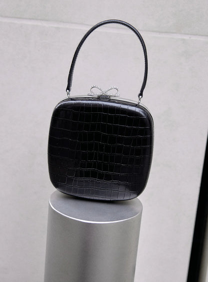 Black Croc Leather Compact Mini Bag