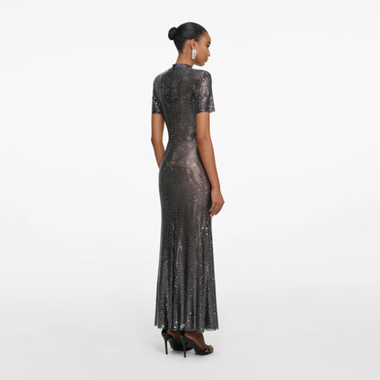 Gunmetal Rhinestone Mesh Midi Dress