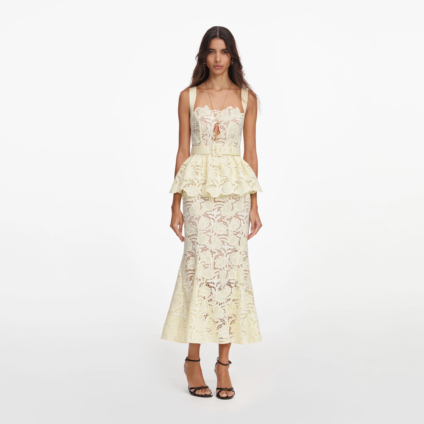 Yellow Lace Peplum Midi Dress
