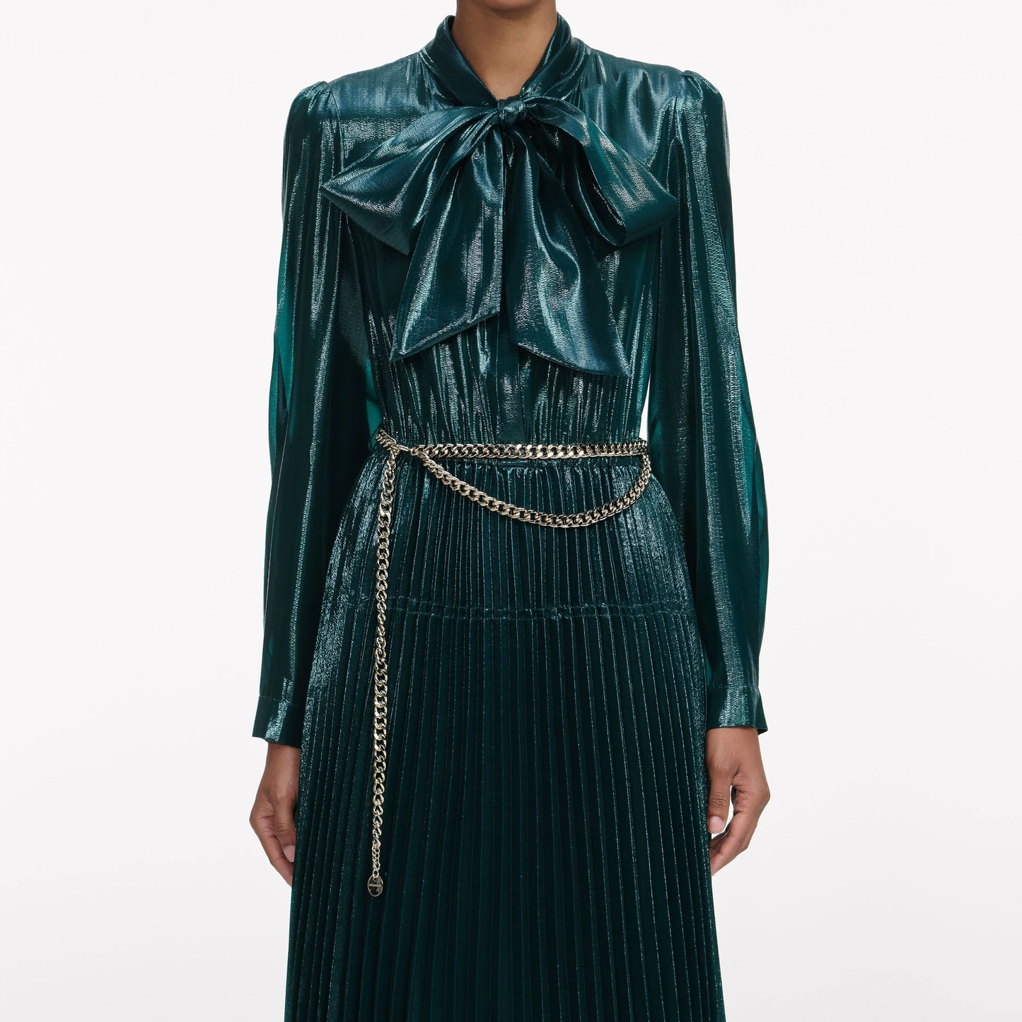 Green Metallic Tie Neck Maxi Dress