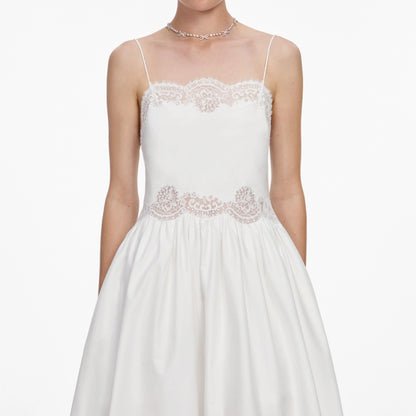 White Cotton Lace Trim Midi Dress