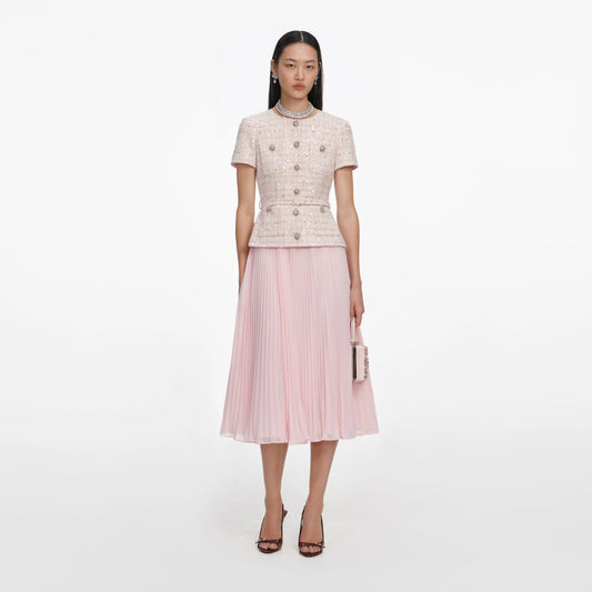 Pink Sequin Boucle Tailored Midi Dress