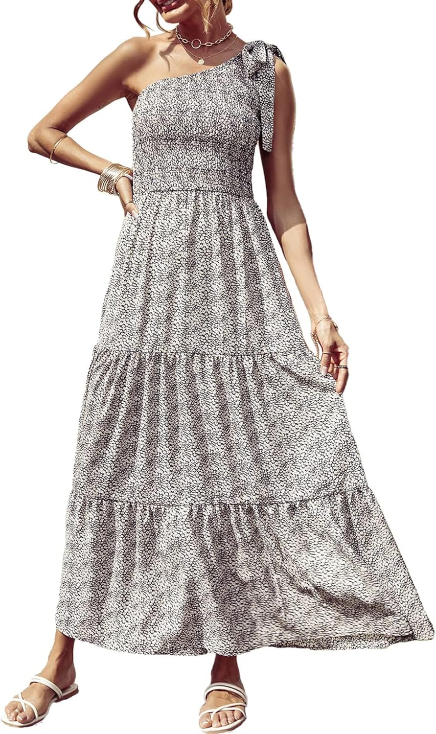 Women's Summer Floral One Shoulder Maxi Dress Knot Ruffle Boho Beach Vacation Wedding Guest Long Sun Dresses