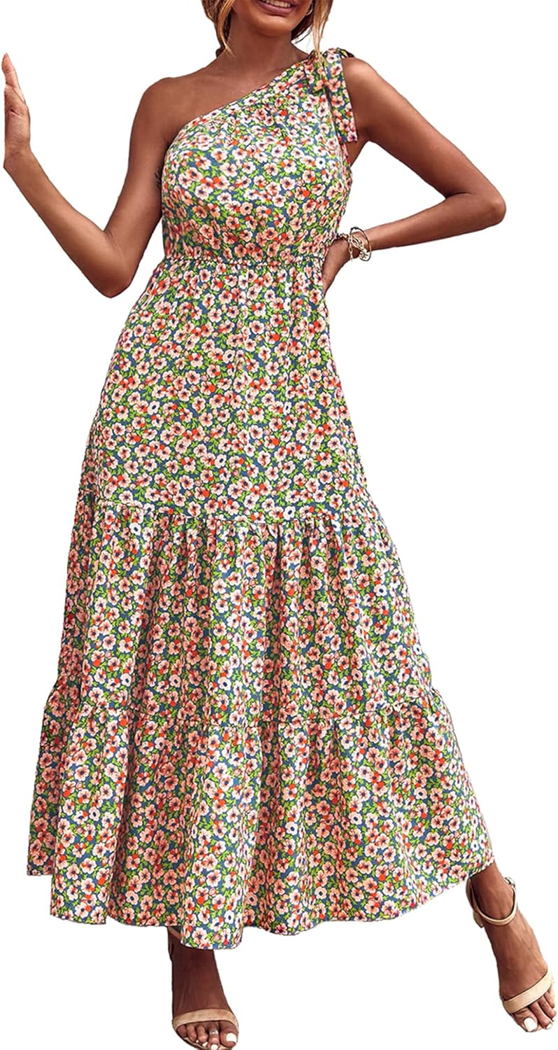 Women's Summer Floral One Shoulder Maxi Dress Knot Ruffle Boho Beach Vacation Wedding Guest Long Sun Dresses