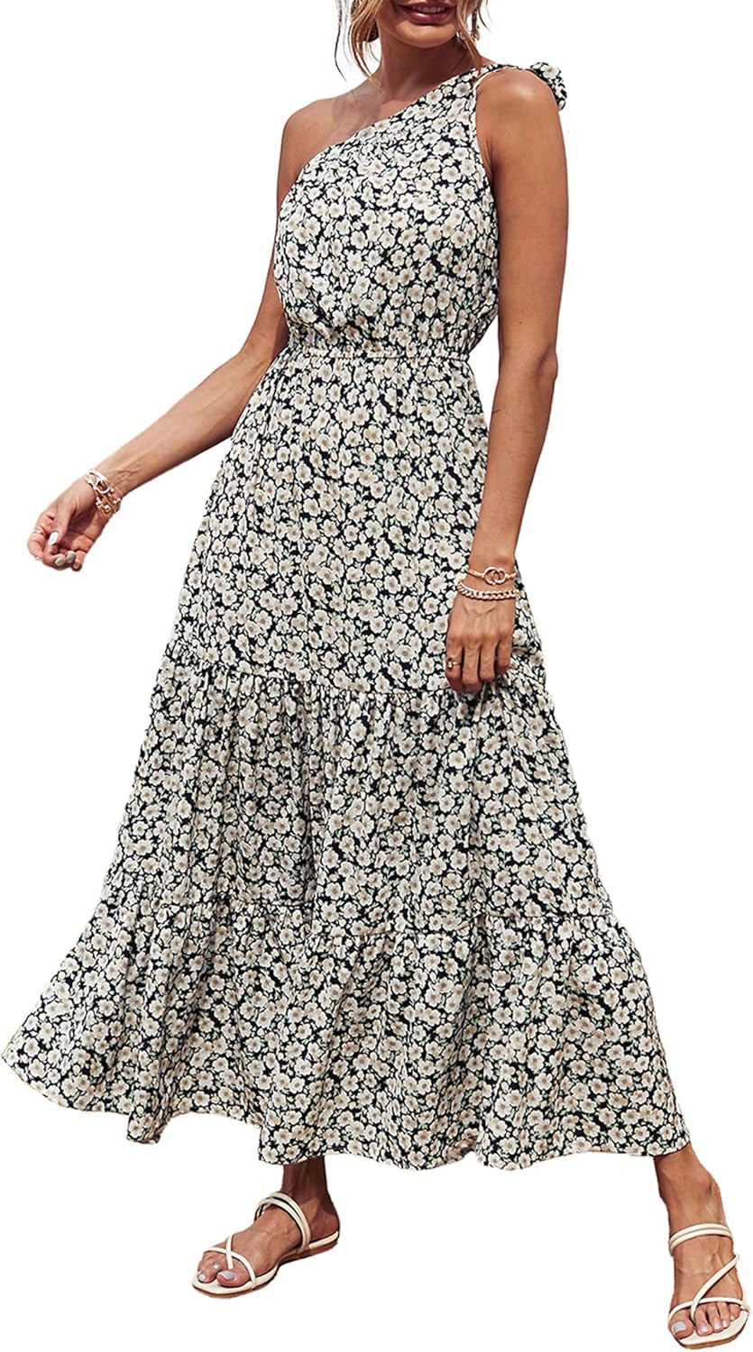 Women's Summer Floral One Shoulder Maxi Dress Knot Ruffle Boho Beach Vacation Wedding Guest Long Sun Dresses