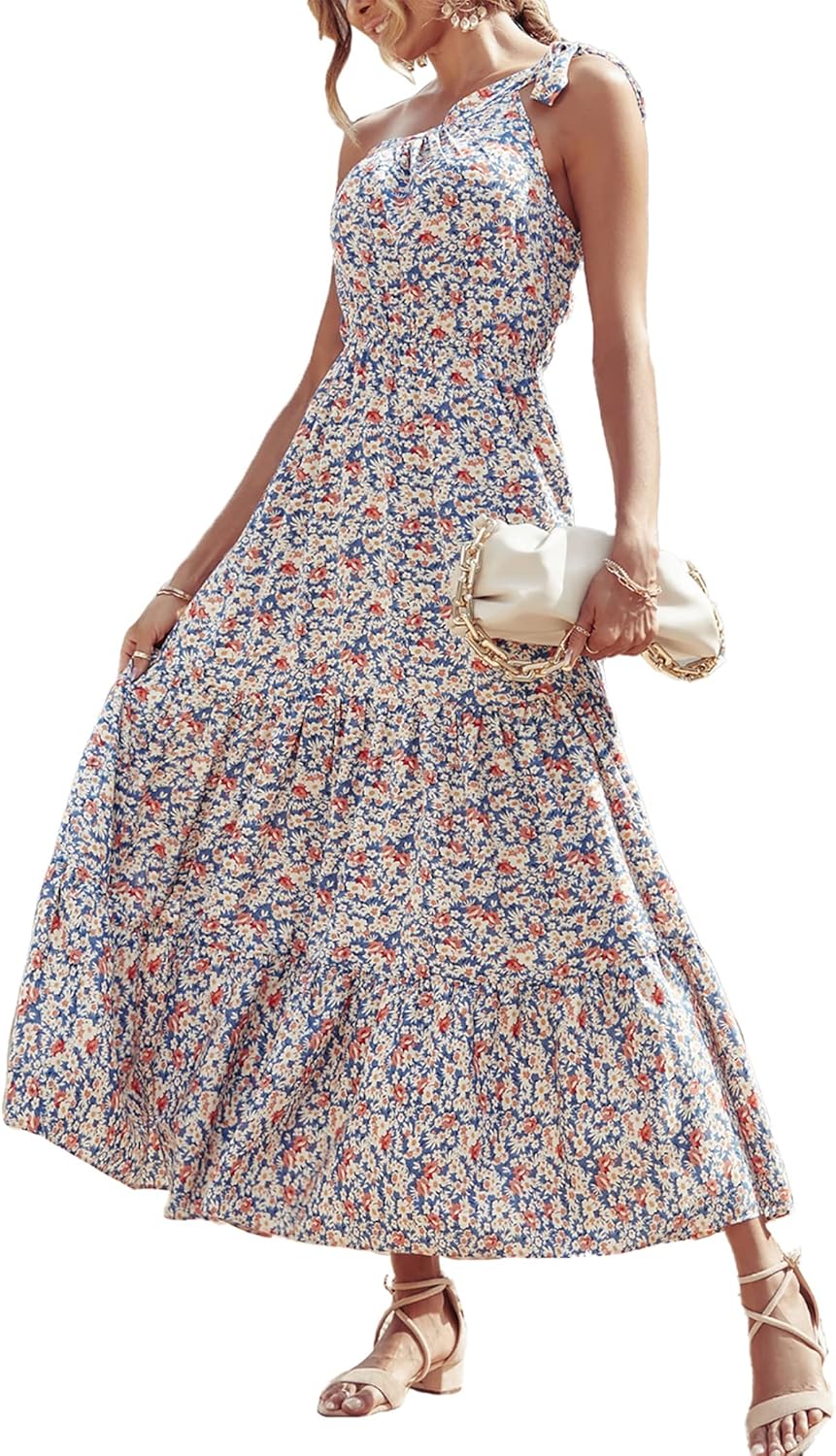 Women's Summer Floral One Shoulder Maxi Dress Knot Ruffle Boho Beach Vacation Wedding Guest Long Sun Dresses