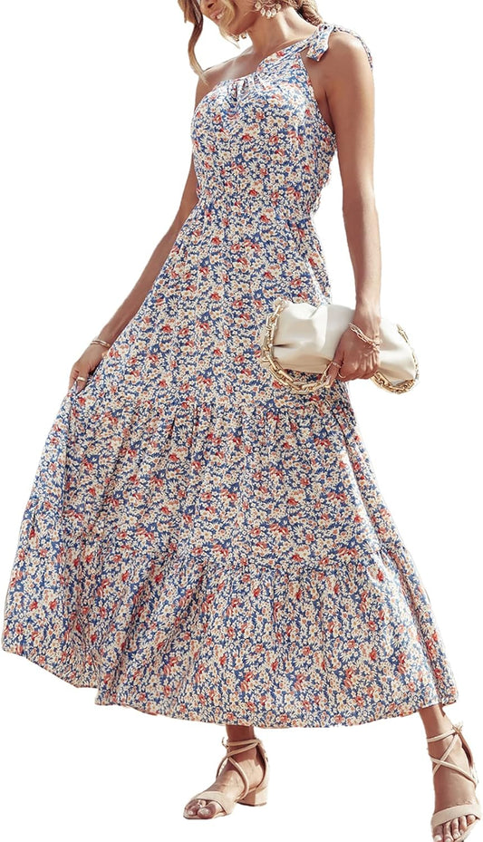 Women's Summer Floral One Shoulder Maxi Dress Knot Ruffle Boho Beach Vacation Wedding Guest Long Sun Dresses