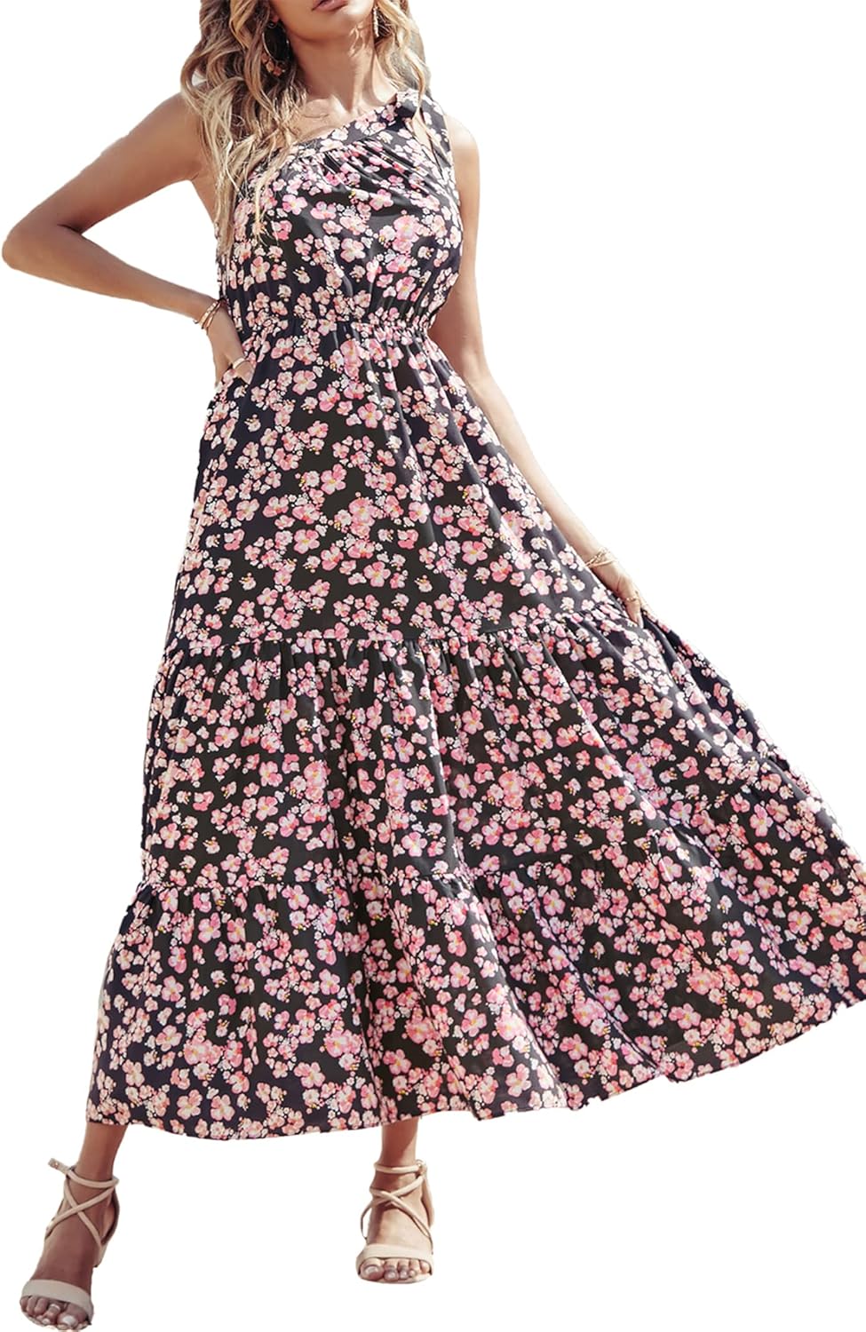 Women's Summer Floral One Shoulder Maxi Dress Knot Ruffle Boho Beach Vacation Wedding Guest Long Sun Dresses