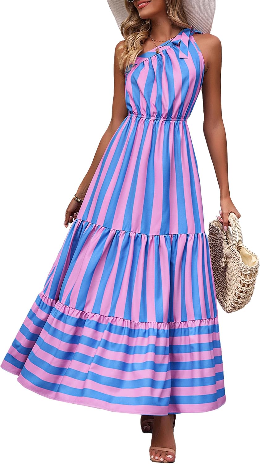 Women's Summer Floral One Shoulder Maxi Dress Knot Ruffle Boho Beach Vacation Wedding Guest Long Sun Dresses