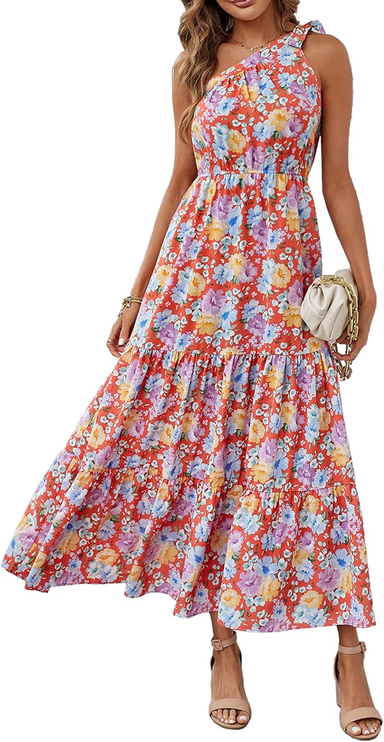 Women's Summer Floral One Shoulder Maxi Dress Knot Ruffle Boho Beach Vacation Wedding Guest Long Sun Dresses