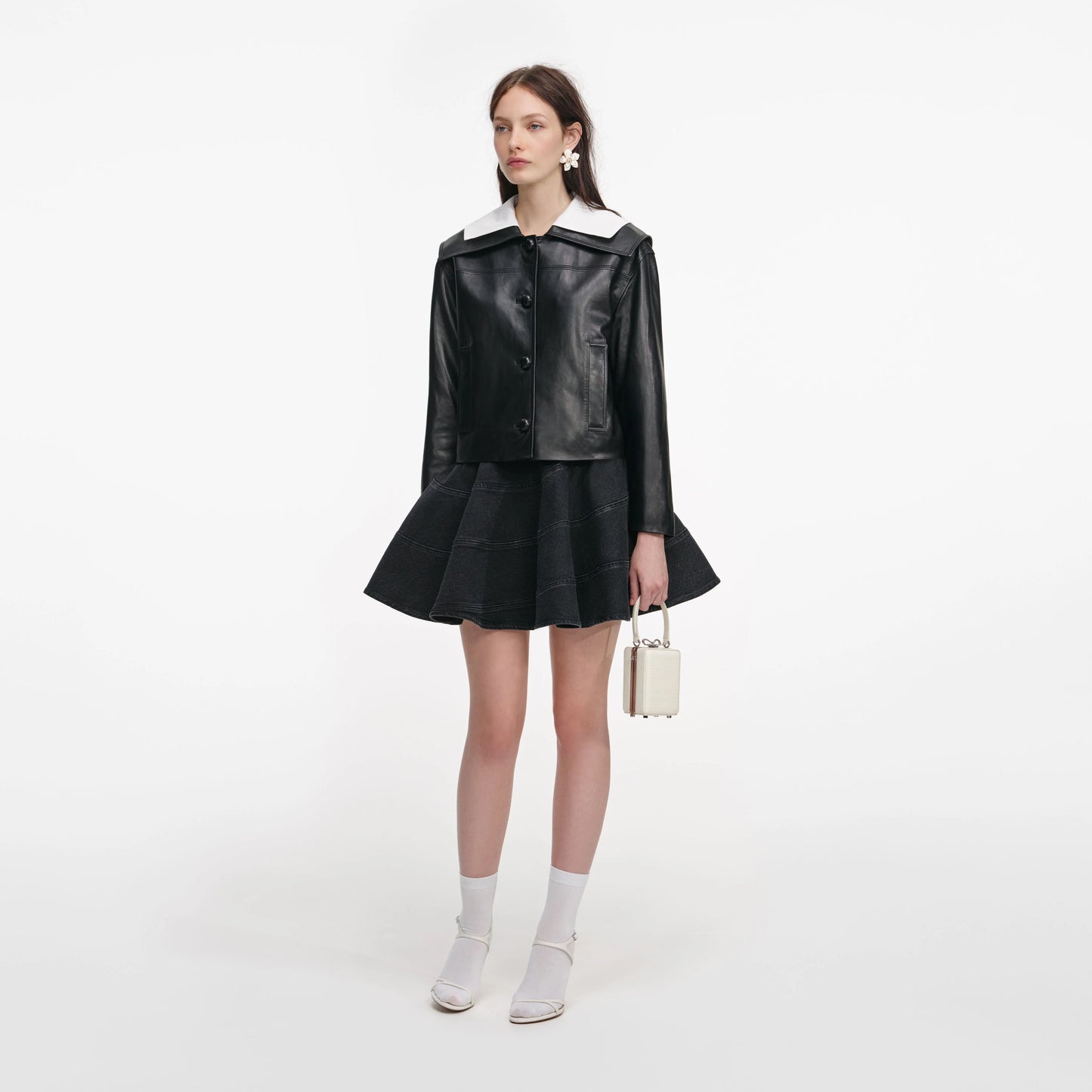 Black Leather Contrast Collar Jacket