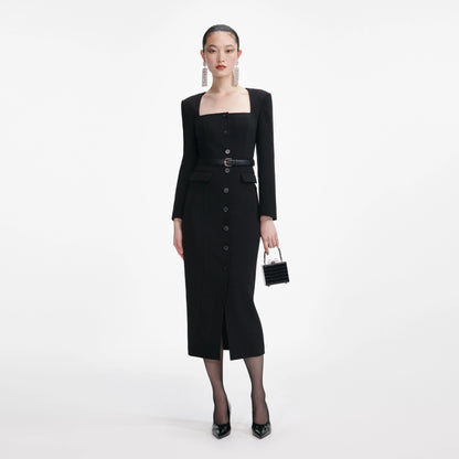Black Tailored Crepe Midi Dress