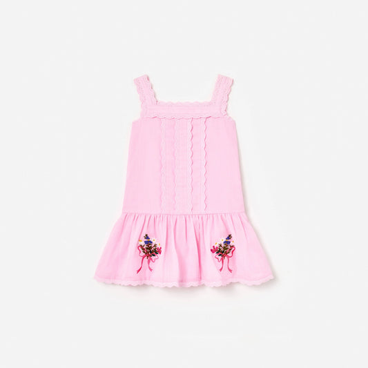 Pink Ramie Flower Embroidered Dress