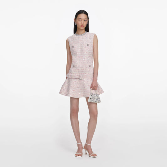 Pink Sequin Boucle Belted Mini Dress