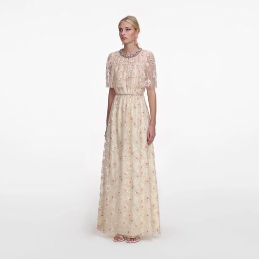 Champagne Floral Embellished Maxi Dress