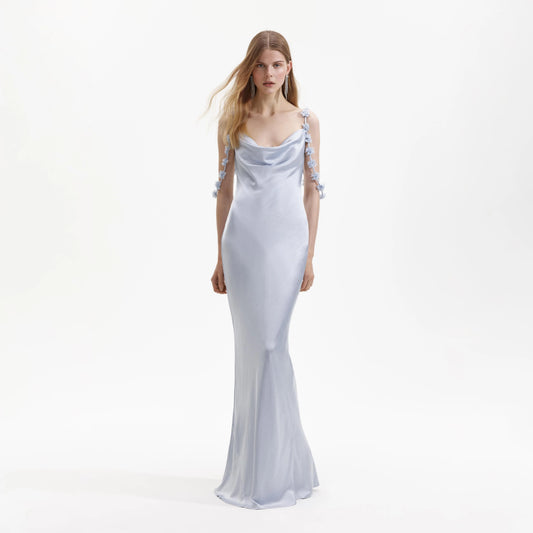 Blue Satin Flower Maxi Dress